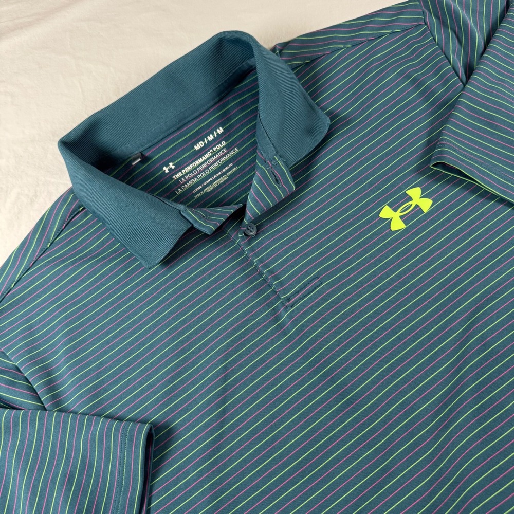 Under Armour Men's Size Medium Teal Striped Performance Polo 1377376-414